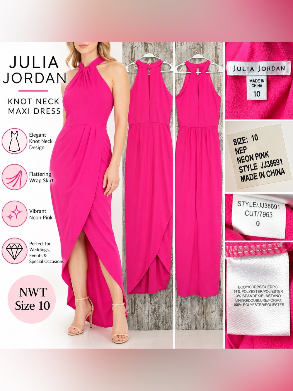 Julia Jordan Knot Neck Maxi Dress Neon Pink Women’s Size 10 NWT